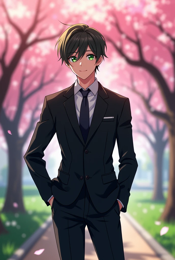 A handsome and strong fantasy anime boy with shiny green eyes who has a sweet smile on his lips and looks at you standing. Stylish black school uniform with black pants, neat black hair, behind him is a big cherry tree in the school yard