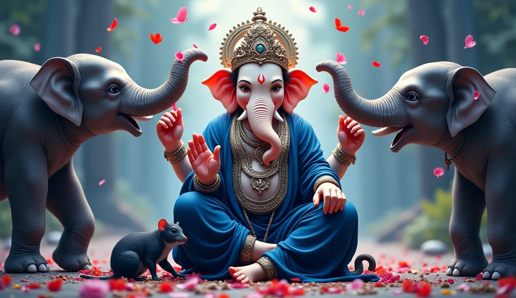 Lord Ganesh, with dark blue and white dress,leg near rat, with Pooja elements, Like elephants offering flower blessings from both sides