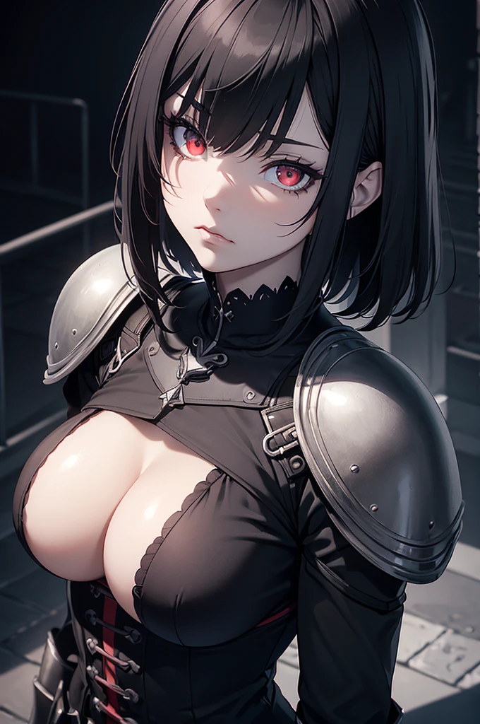 (digital painting),(best quality), masterpiece, 8k resolution, (dark mood background:1.4), anime girl, one girl, solo, beautiful girl, goth girl, pale skin, big breast seducing, dressed, (sad face: 1.2), big eyes, (red eyes:1.2), (very detailed eyes:1.4), cute girl, short hair, black hair, black knight armour, dynamic lighting, deep shadows, (view from above:1.2), looking upwards, (wide angle lens distortion:1.2)