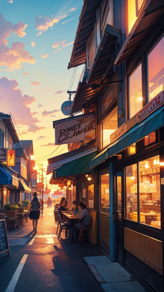 a painting of a scooter in front of a cafe with a sunset in the, cozy cafe background, cafe, beautiful retro art, scenery artwork, cafe in the clouds, warm beautiful scene, scenery art detailed, diner caffee, dream scenery art, watching the sun set. anime, anime scenery, in a sidewalk cafe, at a beautiful sunset, beautiful aesthetic art, nightcafe, in a bright cafe, super detailed color art, beautiful comic art, beautiful anime scenery, retro style art