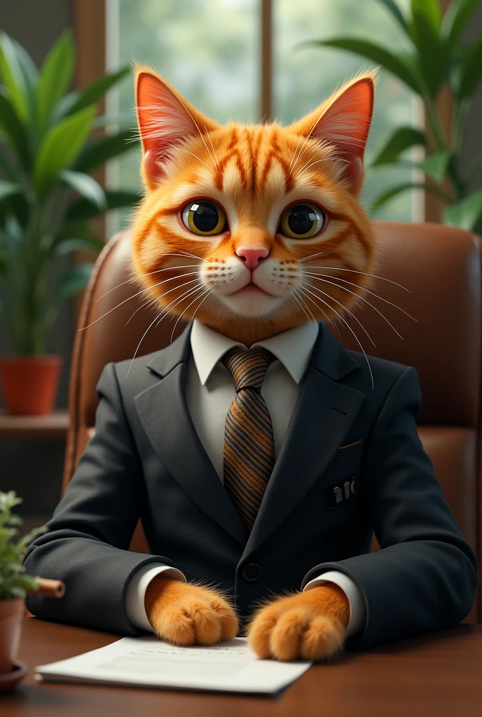 Create an orange cat sitting in chair wearing suit and acting as reporter background should cover plants and a desk in front covering half bottom portion of image and putting a cigar in his mouth 
