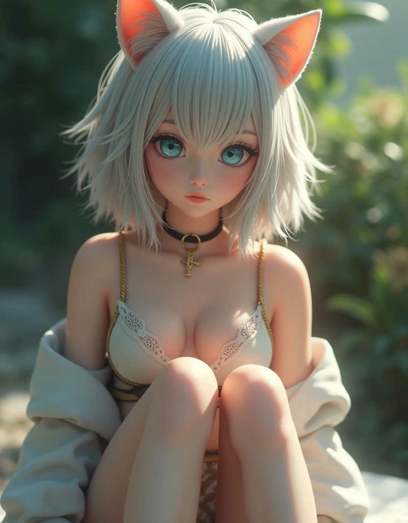 Dual-sex person, Honey Blonde Hair, She wears glasses、Clothes are low and short、But softly.、She has the white skin and blue eyes of a porcelain doll., Like a porcelain doll, Slender, masterpiece, Highest quality, Raw photo, Photorealistic,Beautiful Caucasian, (smile:1.3), ((albino)), (cute leather collar), Short, messy silver hair, Cute cat ears, Depth of written boundary, High resolution, Ultra-detailed, In detail, Very detailed, Very detailed目と顔, Sharp pupils, Realistic students, Sharp focus, Cinema Lighting, ((Full nudity, Sit with your legs apart, (Red nipples and realistic genitals))), Natural hands and fingers