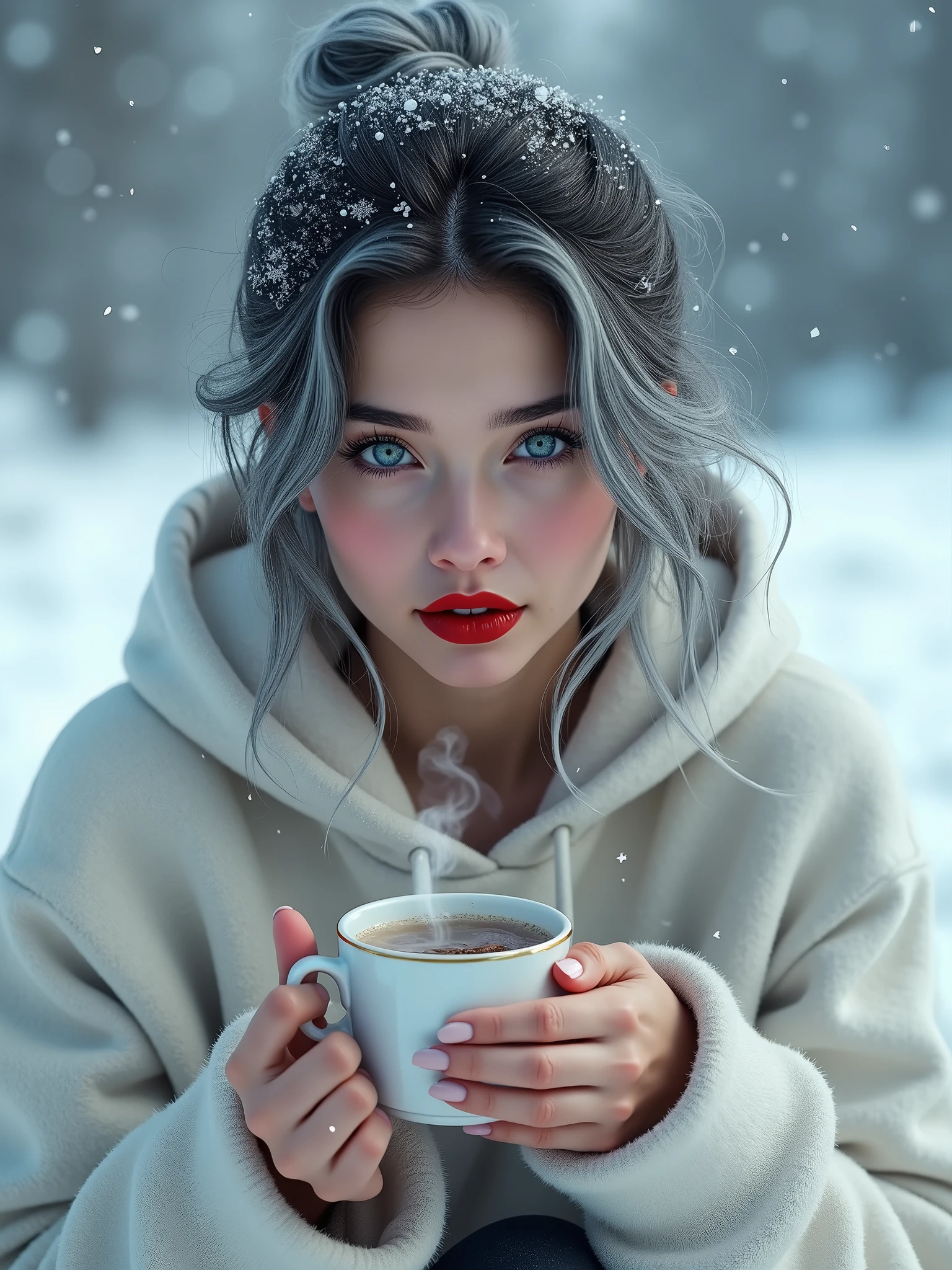 realistic beautiful 1 hair color black silver gray and blue eyes and red lipstick sister wearing white hoodie and watching snowfall in snow season and drinking tea 4k and model:midjourney