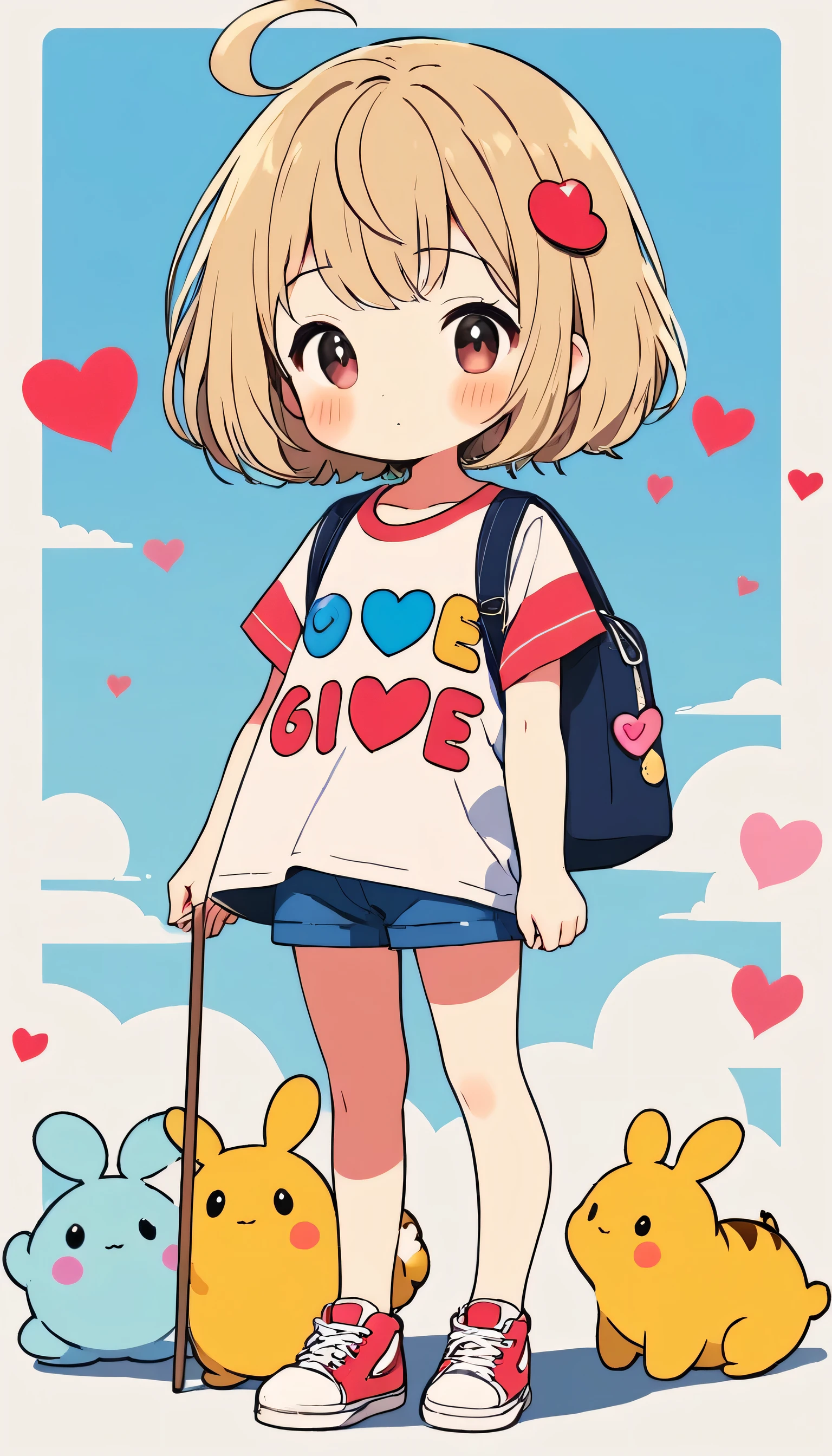 Makoto Shinkai colorful style, Simple Line Initialism,Abstract art,Kawaii Design, The most beautiful girl of all time、chibi, (((Cute pillbugs))), colorful hearts, summer version