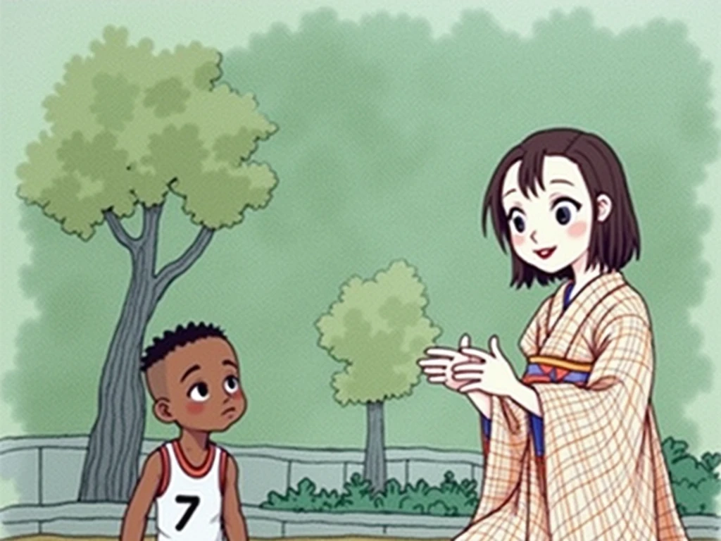 1980s retro hand drawn ink. A small black boy named Greg Burke kneeling on concrete with short close crop shaved hair, in an all-white number seven sports jersey, loose-fitting plaid cotton boxers shorts and a Japanese small girl named Ikari Yu with medium length brown hair wearing an orange stripe kimono.