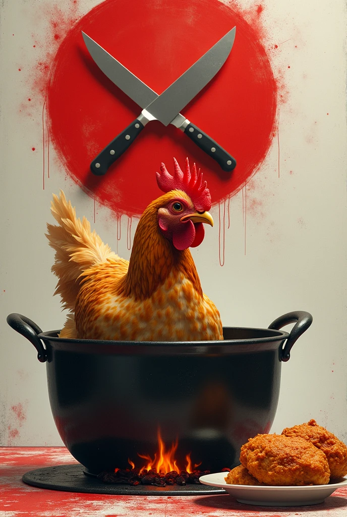 A red and white background, a pot with a fire underneath and a live chicken inside the pot, a crossed two knifes on the top, a fried chicken on aside, the chiken in the pot looking at the fried chicken and thinking "That looks delicious.."