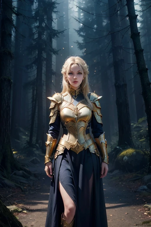 A beautiful gold dragon in the form of a woman in full gold armor and blue skirt, with blonde hair and blue eyes, in a haunted forest, cinematic lighting, dramatic, dark fantasy, fantasy art, intricate details, volumetric lighting, ambient occlusion, ray traced reflections, physically-based rendering, award winning, masterpiece, highly detailed, digital art, concept art, epic, dramatic, cinematic, ethereal, mystical, magical, enchanting, alluring, captivating, compelling, stunning, awe-inspiring