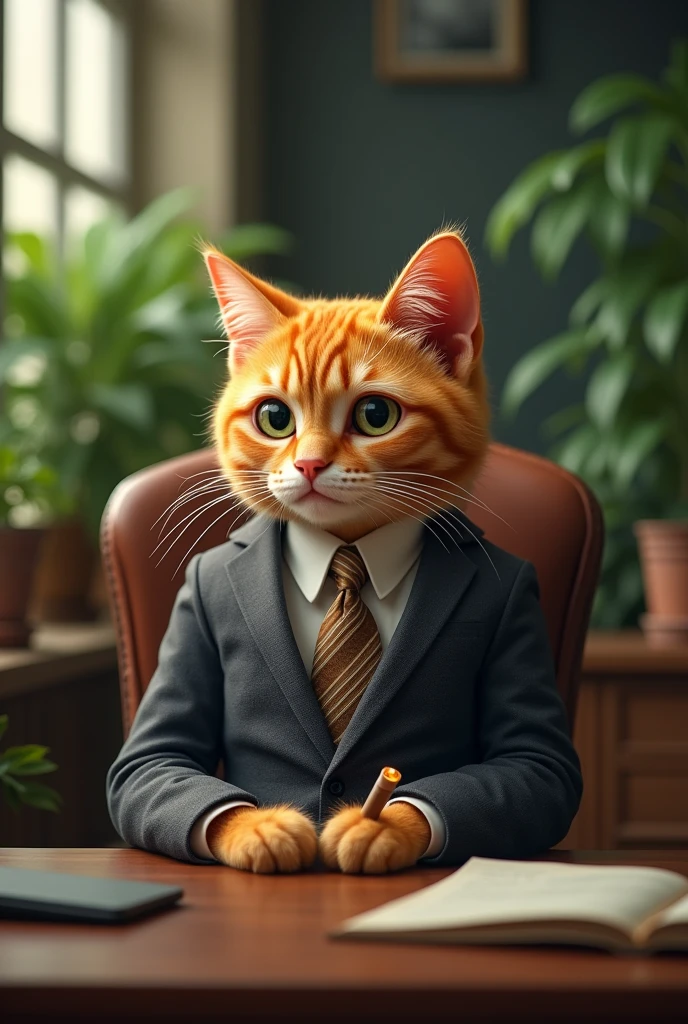 Create an orange cat sitting in chair wearing suit and acting as reporter background should cover plants and a desk in front covering half bottom portion of image and putting a cigar in his mouth 
