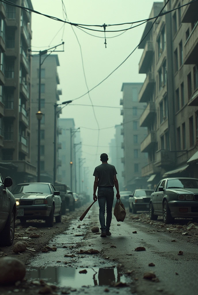 "A deserted city street, once bustling with life, now overrun by hordes of zombies. Broken cars and debris litter the road, while a lone survivor, armed with a baseball bat, cautiously navigates the shadows, searching for supplies