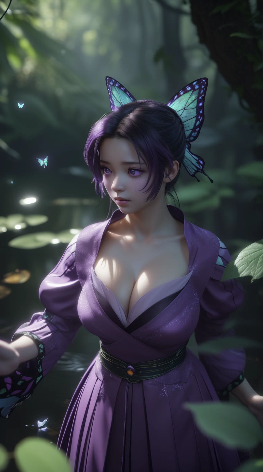 A masterpiece, the best quality, stunning reflections, the best reflections ever. (very detailed CG unity 8k wallpaperest quality), (best illustrationest shadoworest theme with natural elements. Tall trees, quiet streams, small glowing mushrooms surrounded by delicate leaves and branches, with fireflies and glowing particle effects,, (natural elements), (jungle theme), (leaves), (twigireflieutterflies, (delicate leaves), (glow), (particle effects). , Isometric 3D, Octane Rendering, Ray Traced, Super Detailed, 1 girl, Shinobu kocho demon slayer, shinning purple eyes, purple hair, Graceful, beautiful face, detailed face, Shining butterflies landed on her elegant clothes,(Very detailed CG unity 8K wallpaper). Cleavage bulge, tight