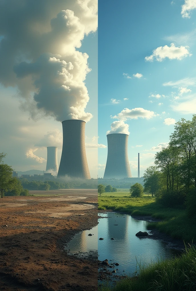 image, related to nuclear power plants. On one side of the text there is an image of a factory and dirty nature, on the other hand, pure nature with a nuclear power plant.