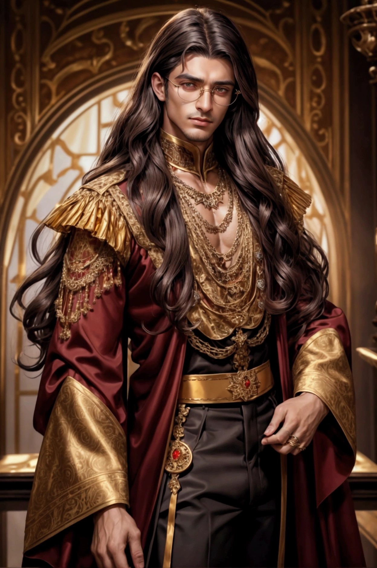 Dark brown long hair fluffy and curly, amber colored eyes, A tanned young man, Clean-shaven face, red blouse with wide sleeves and gold patterns, tight pants, стилистика dark fantasy. gold jewelry, rings, glasses with dark lenses.