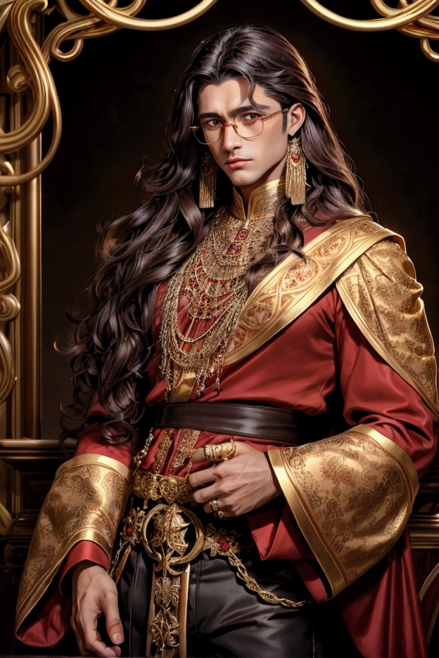 Dark brown long hair fluffy and curly, amber colored eyes, A tanned young man, Clean-shaven face, red blouse with wide sleeves and gold patterns, tight pants, стилистика dark fantasy. gold jewelry, rings, glasses with dark lenses.