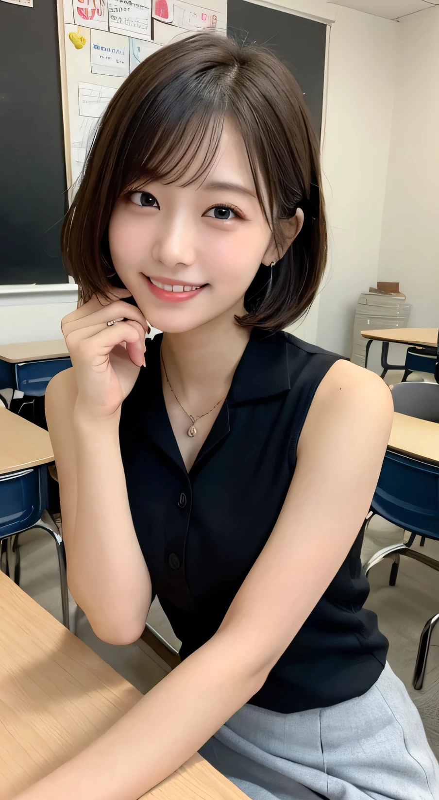 Tabletop, Highest quality, figure, Very detailed, In detail, High resolution, 8k wallpaper, Perfect dynamic composition, Beautiful attention to detail, (short hair)、Small breasts, Randomly sexy poses,smile、cute、sexy shot looking at camera,Perfect and beautiful face、Sleeveless shirt、Collared shirt、24-years-old、female teacher、mermaid skirt、smile、Simple Necklace、staff room、School、