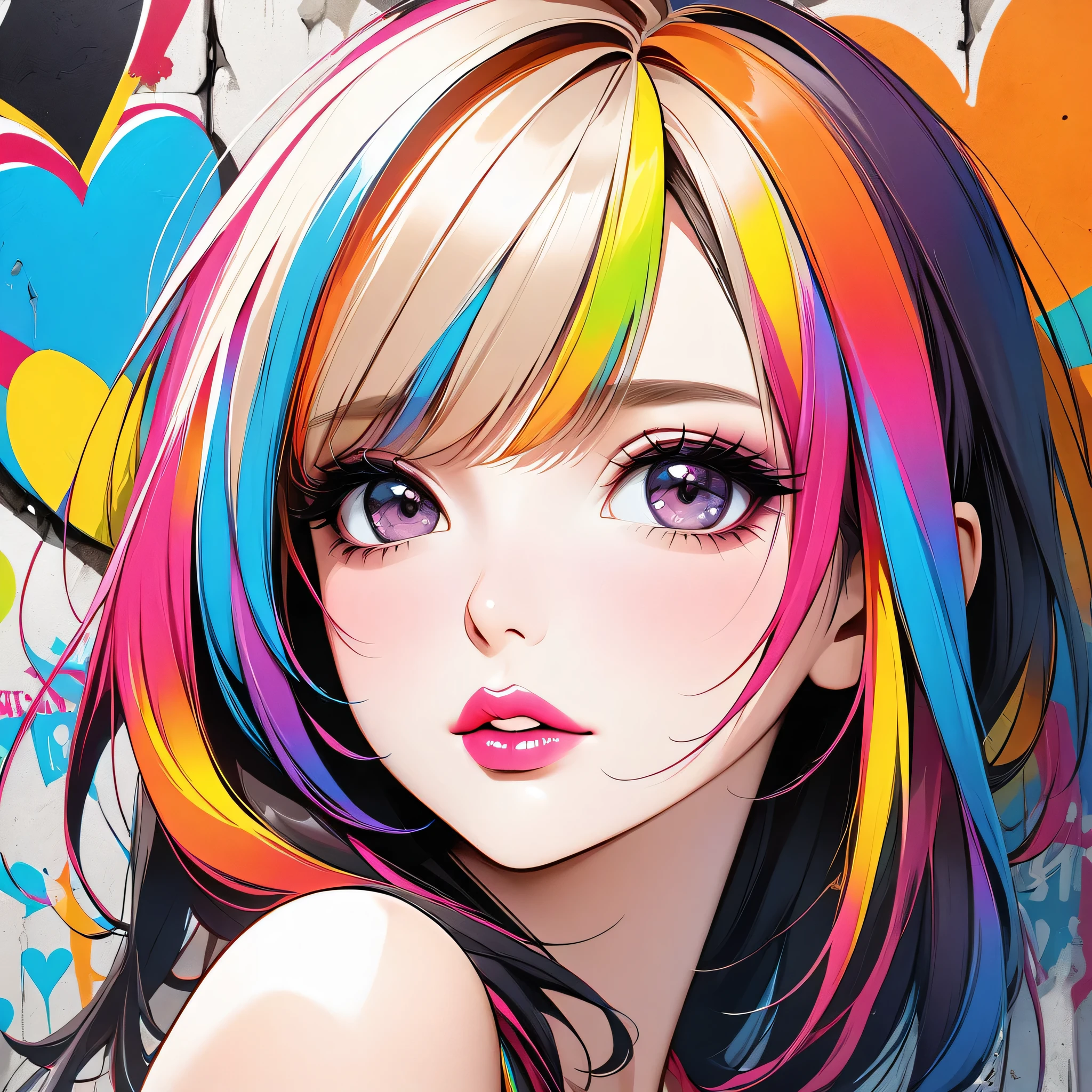 Ultra-realism Micho colorful style, Simple Line Initialism,Abstract art,(((The most beautiful girl of all time))), Sweet face. Lips in love, colorful hearts, stylish design, Summer beach fashion, Dark Eyes, Graffiti on the wall