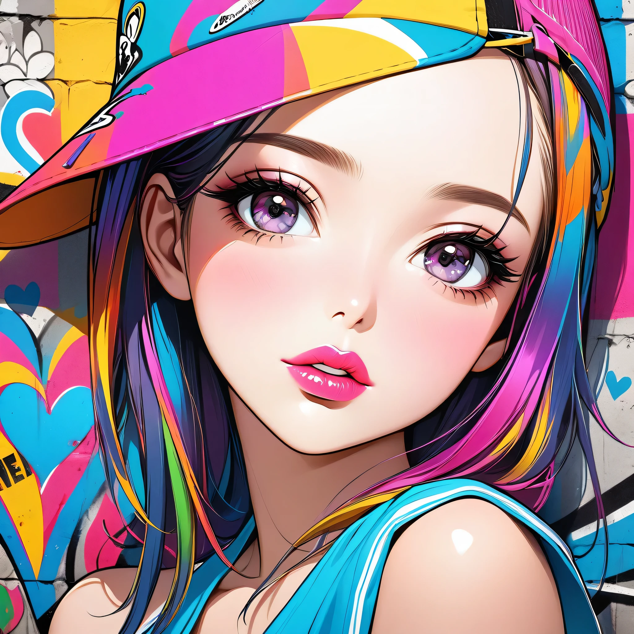 Ultra-realism Micho colorful style, Simple Line Initialism,Abstract art,(((The most beautiful girl of all time))), Sweet face. Lips in love, colorful hearts, stylish design, Summer beach fashion, Dark Eyes, Graffiti on the wall