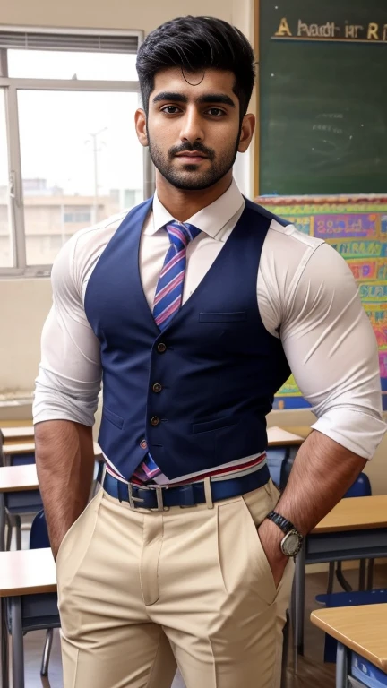 Handsome muscular AARAV GURJAR 1 in school uniform, standing in classroom between girls, he is girls favorite