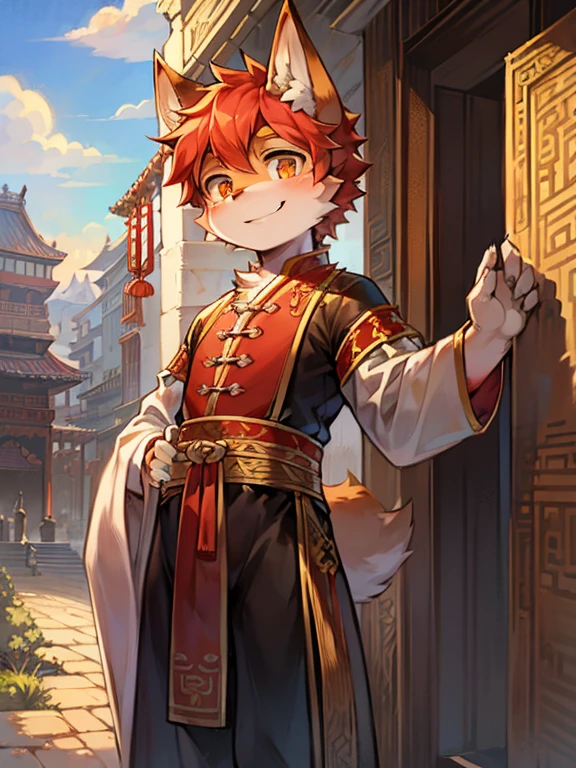 Outside the palace，Outdoor panorama，Fox Boy，Male focus，Hairy Shota，Bright Eyes，Height 1.6 m，Traditional Chinese ancient clothing，Smile