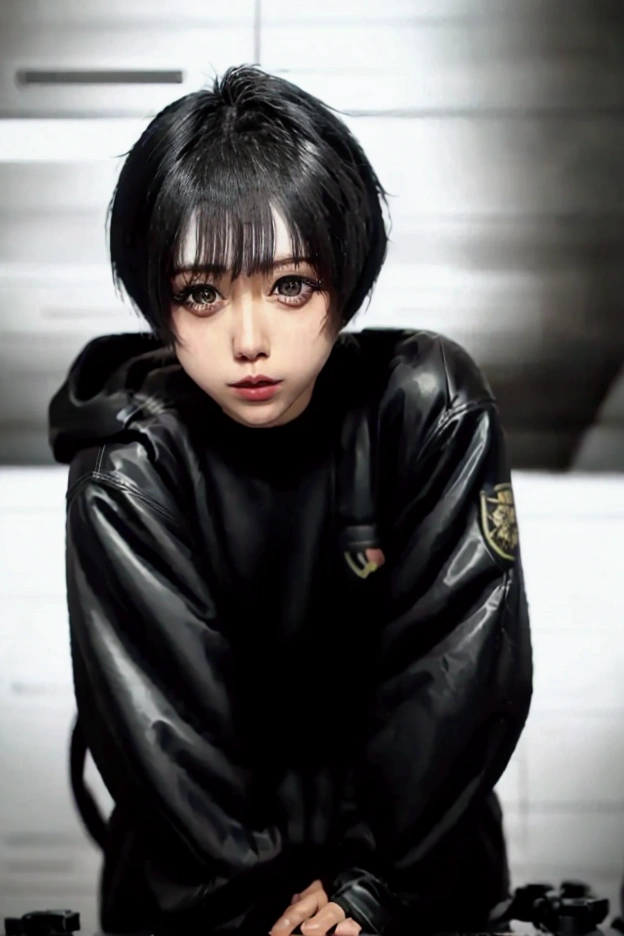 realistic japanese woman, beautiful eyes, black short haired, wearing tactical suits