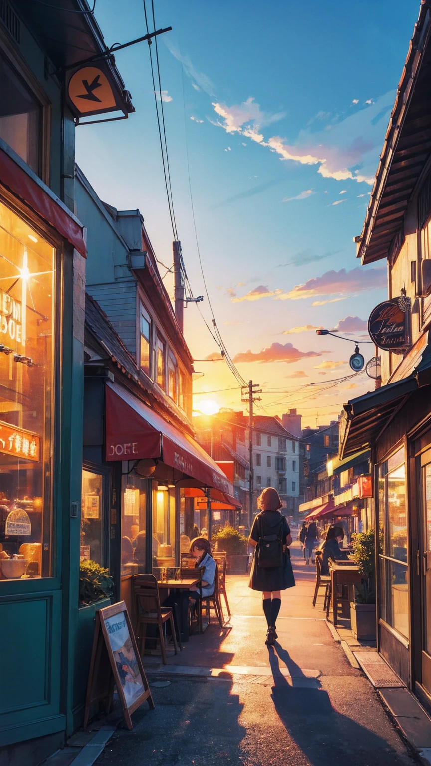 a painting of a scooter in front of a cafe with a sunset in the, cozy cafe background, cafe, beautiful retro art, scenery artwork, cafe in the clouds, warm beautiful scene, scenery art detailed, diner caffee, dream scenery art, watching the sun set. anime, anime scenery, in a sidewalk cafe, at a beautiful sunset, beautiful aesthetic art, nightcafe, in a bright cafe, super detailed color art, beautiful comic art, beautiful anime scenery, retro style art