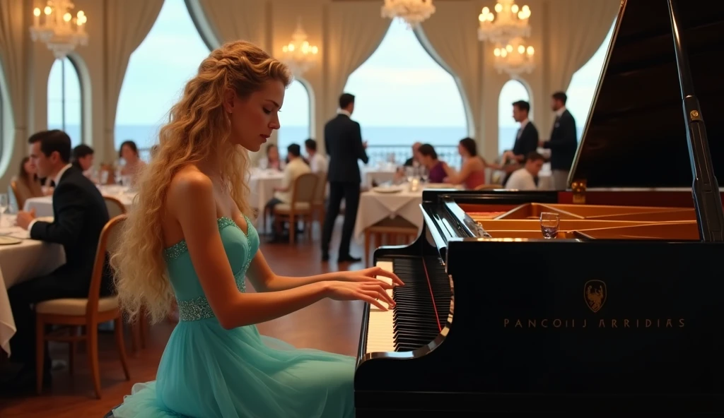 In a luxurious high-end steakhouse,There is a player grand piano with wooden accents and ornate chandeliers,Customers enjoying delicious food。Waiters shuttle among them。A young female pianist is playing jazz,She has long golden curly hair,There is a sea on the forehead,She was wearing a Tiffany blue evening dress,Her smile is bright and warm。The surrounding air is filled with warm, cinematic tones,Shallow and deep field blurs elegantly compose images,Perfectly capturing the sophisticated ambience of this high-end dining venue。