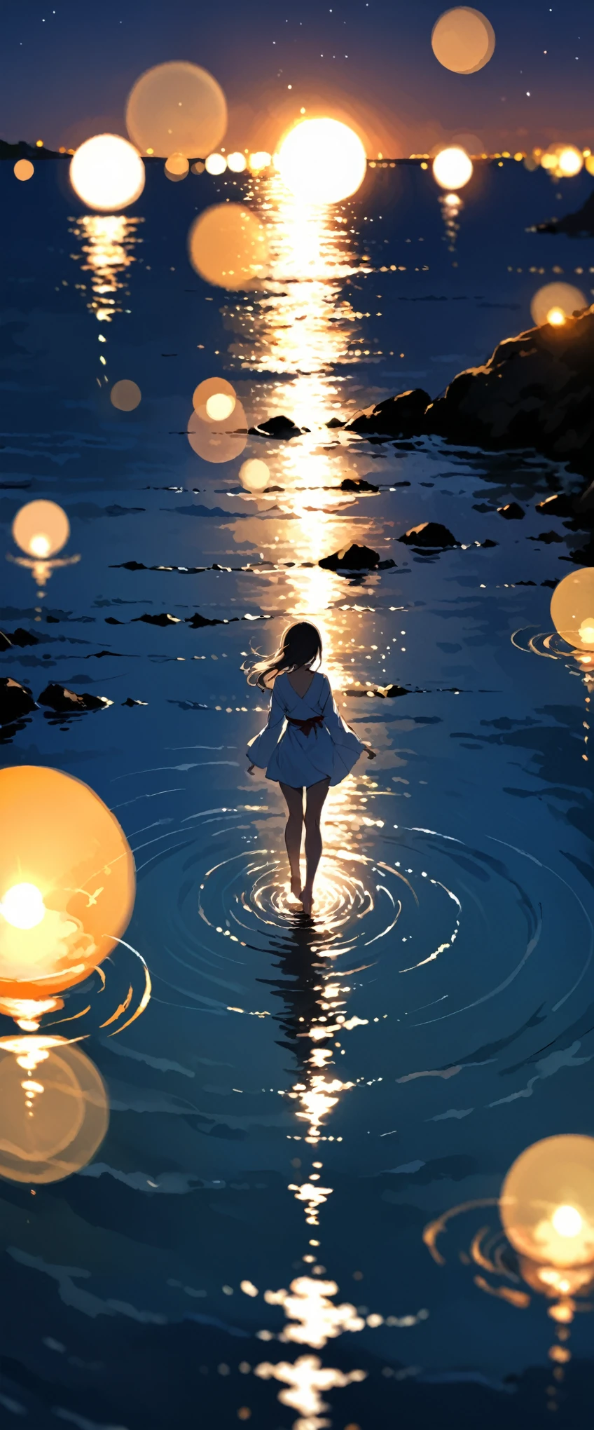 (close up:1.4)、(RAW photos:1.2)、(Reality:1.4)、(masterpiece:1.3)、(best quality:1.4)、Japanese Girls、(Night view:1.2)、Thin clothes、pretty girl、Put one foot in the sea、Stand on tiptoe、landscape、Between the horizon and the sea、Look sideways、Ripples spread from the toes、Stand about 20 meters away、on the sea、The whole scene is shining、illumination、Blurred foreground,Motion Blur,Background blur,Sharp focus