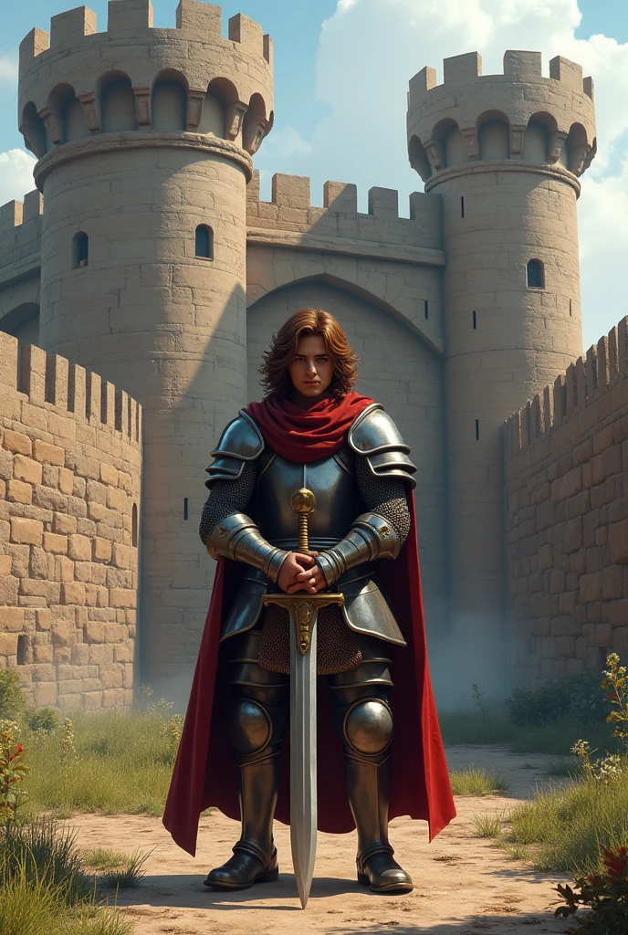 A knight not very tall brown hair with a sword in front of a castle made of stone clay and sand wood also