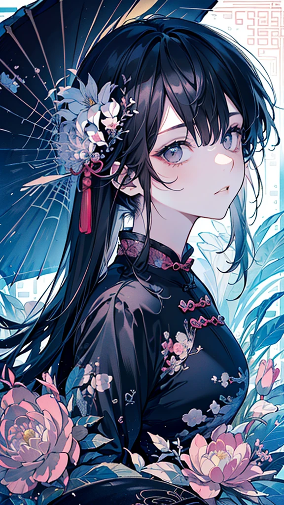 ((Girl)),(Black Hair:1.3),(Long hair:1.3),(Chinese single layer clothing:1.45),(blue、Pink and gray),Close-up of face:1.0,(rain:1.2),(Spider lilies々:1.2),(calm countenance:1.2),(Japanese umbrella:1.3),((high quality:1.2)),((Beautiful images:1.2)),((Perfect graphics:1.2))