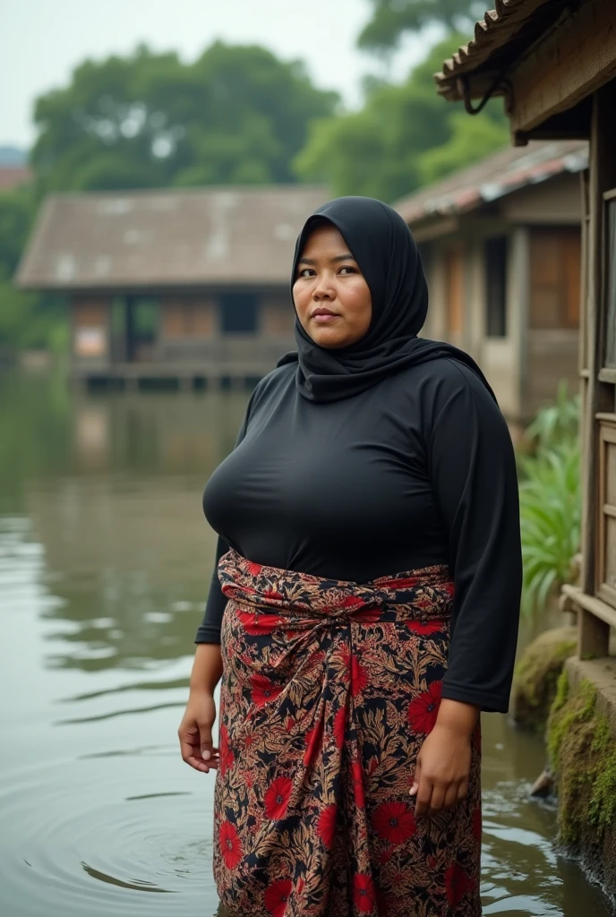 portrait of beautiful indonesian mom, a bit plump, huge breasted, hijab,wearing longsleeve tight black t-shirt and batik sarong, washing clothes in the water, with a background of lake village, look at the viewer, super HD, 8K, hyper realistic, cinematic, natural light,