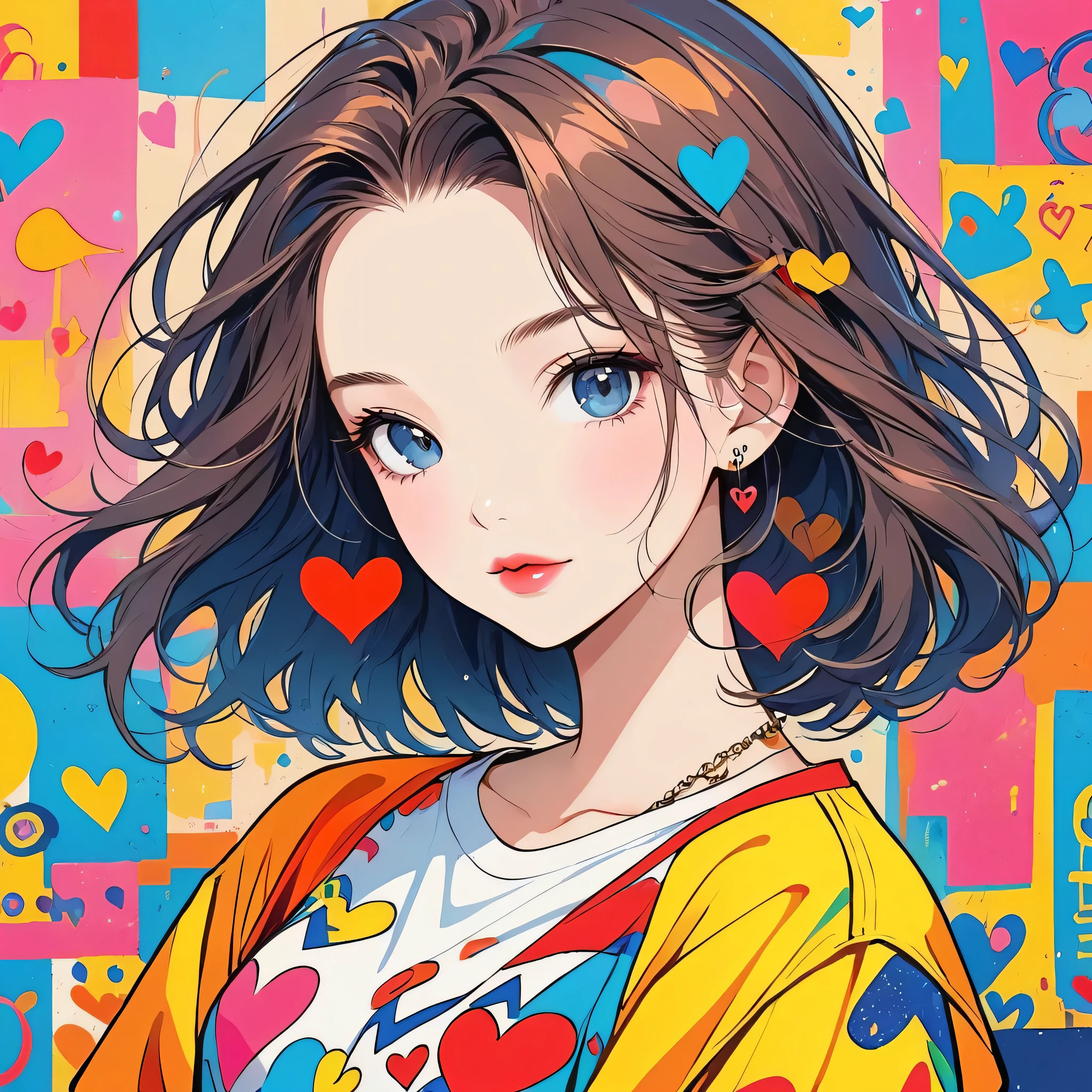 Keith Haring colorful style, Simple Line Initialism,Abstract art,Urban Background, (((The most beautiful girl of all time))), Sweet face. Lips in love, colorful hearts, stylish design