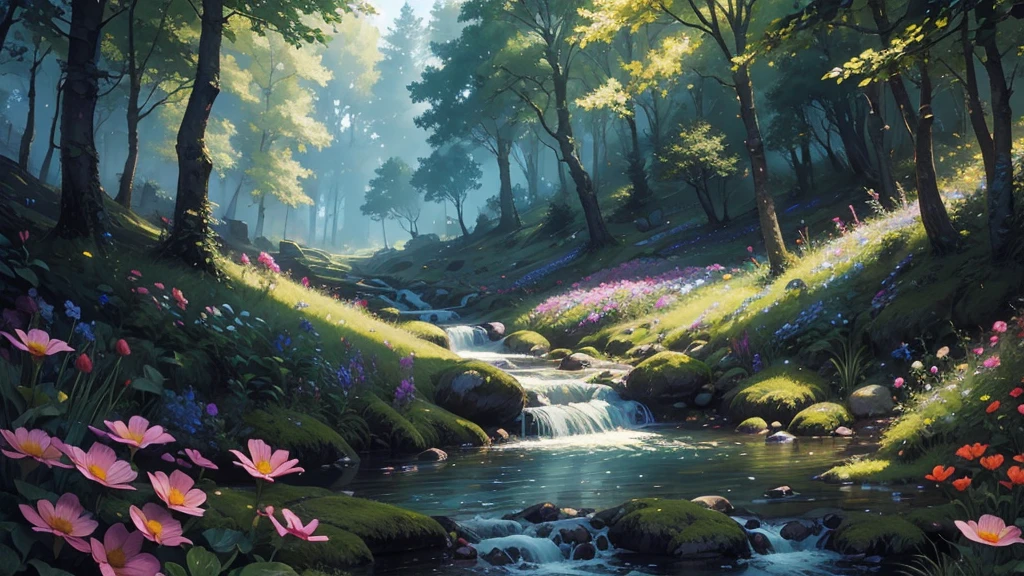 ((masterpiece)),((Highest quality)),((High Detail)), nobody, background, fantasy, Bright Forest, stream, Colorful flowers