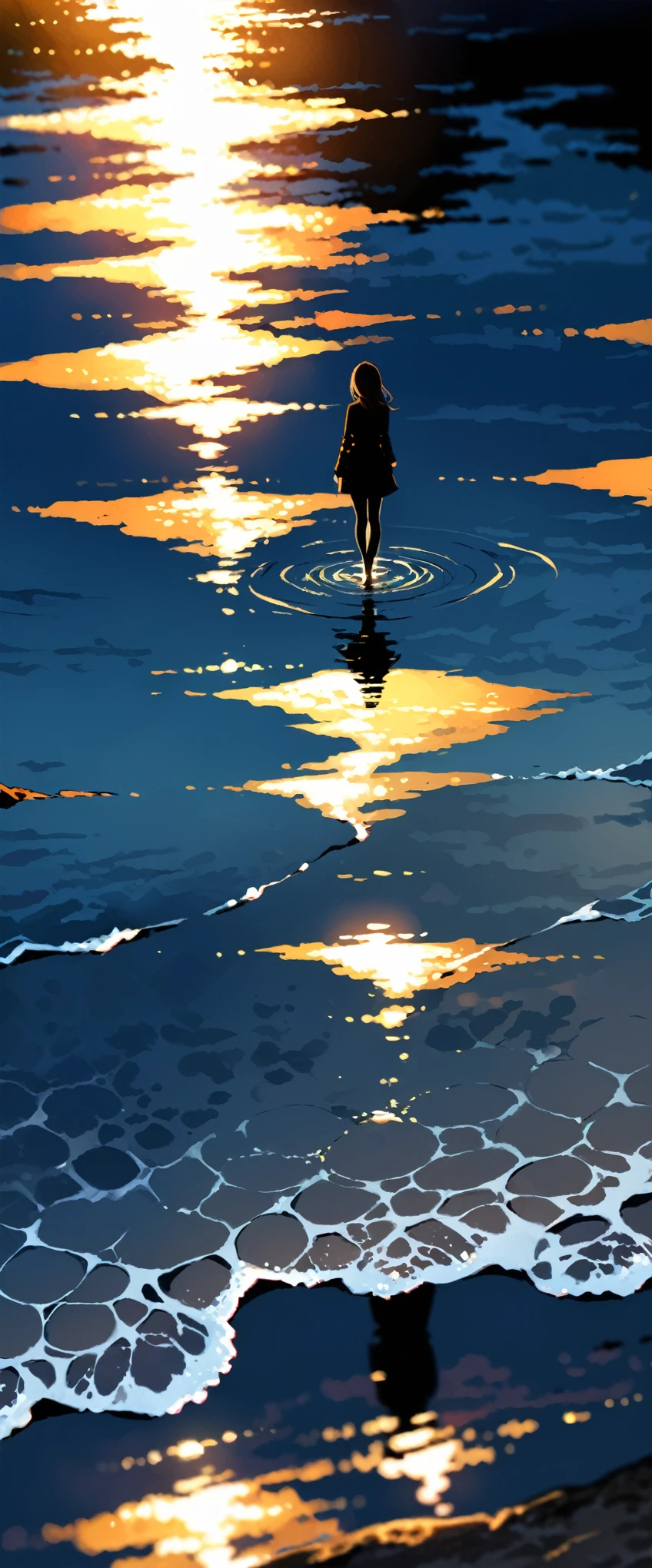 (close up:1.4)、(RAW photos:1.2)、(Reality:1.4)、(masterpiece:1.3)、(best quality:1.4)、Japanese Girls、(Night view:1.2)、Thin clothes、pretty girl、Put one foot in the sea、Stand on tiptoe、landscape、Between the horizon and the sea、Look sideways、Ripples spread from the toes、Stand about 20 meters away、on the sea、The whole scene is shining、illumination、Blurred foreground,Motion Blur,Background blur,Sharp focus
