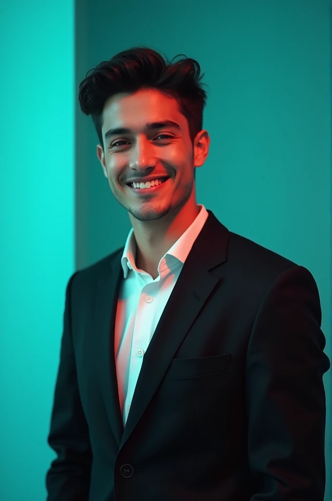 A young Man With Dark hair and a confident smile He is Dressed in a black blazer over a white shirt The man is positioned against aqua colour backdrop with a subtle red lighting on t
