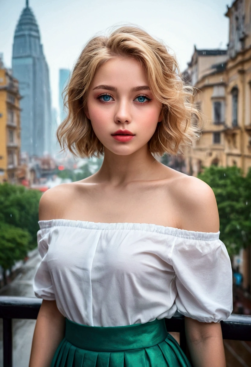 Beautiful young woman with short blonde hair and blue eyes, Wearing an off-shoulder white shirt and a flowing green skirt, 비가 내리는 cityscape을 배경으로 자세히 설명. (best quality, 4K, 8k, high resolution, masterpiece: 1.2), very detailed, (realistic photo: 1.37), one girl, beautiful and delicate eyes, beautiful and delicate lips, very detailed Eyes and Face, long eyelashes, realistic, professional, vivid colors, dramatic lighting, cinematic, intricate details, atmosphere, Rainy Day, cityscape, modern architecture, reflect, bokeh