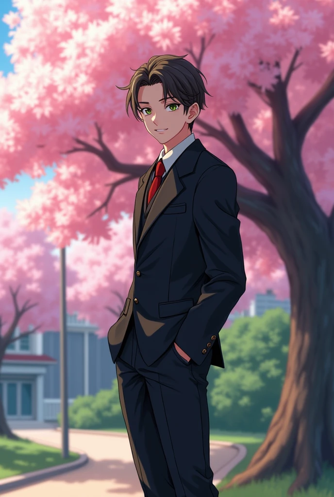 A handsome and strong fantasy anime boy with shiny green eyes who has a sweet smile on his lips and looks at you standing. Stylish black school uniform with black pants, neat black hair, behind him is a big cherry tree in the school yard