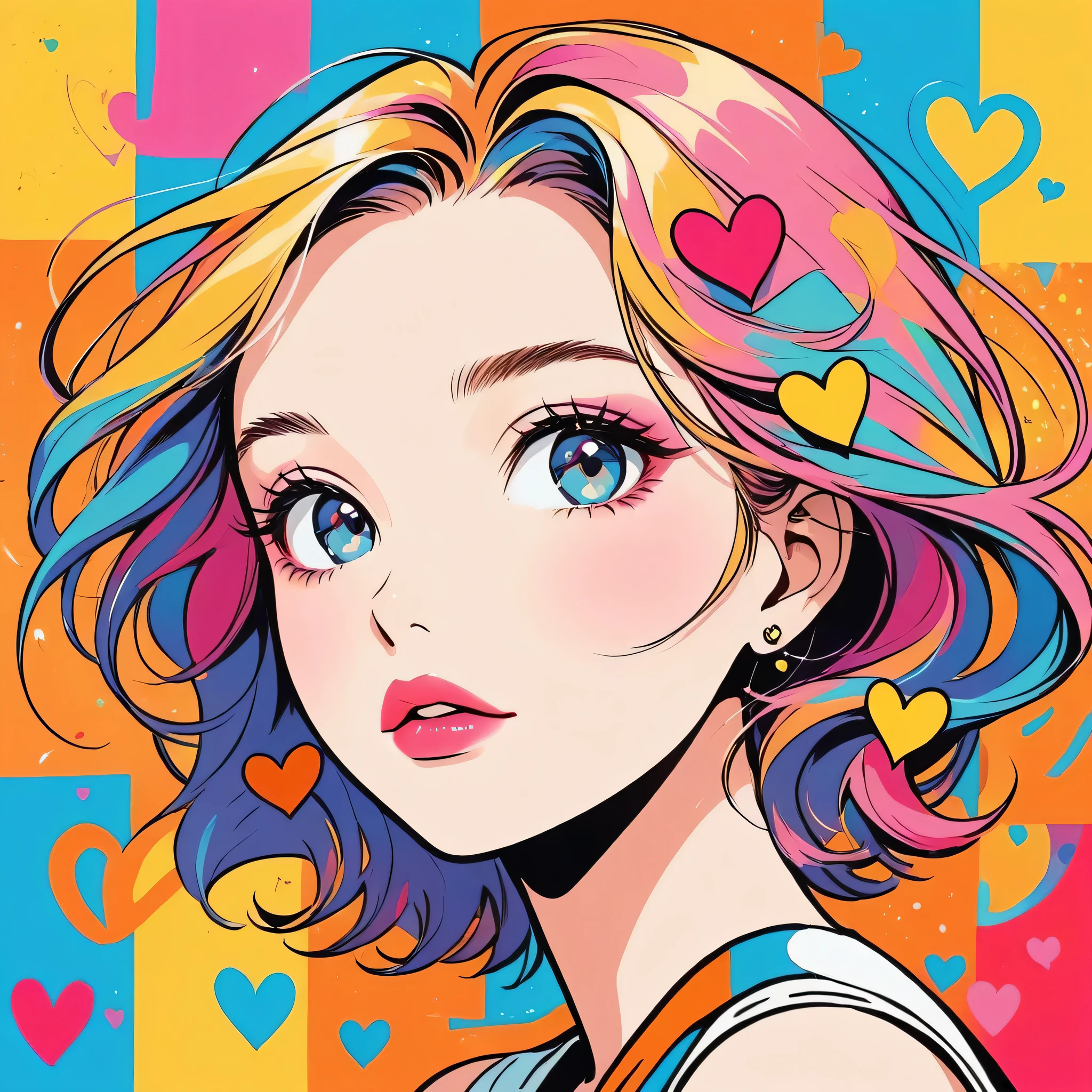 Keith Haring colorful style, Simple Line Initialism,Abstract art,Urban Background, (((The most beautiful girl of all time))), Sweet face. Lips in love, colorful hearts, stylish design