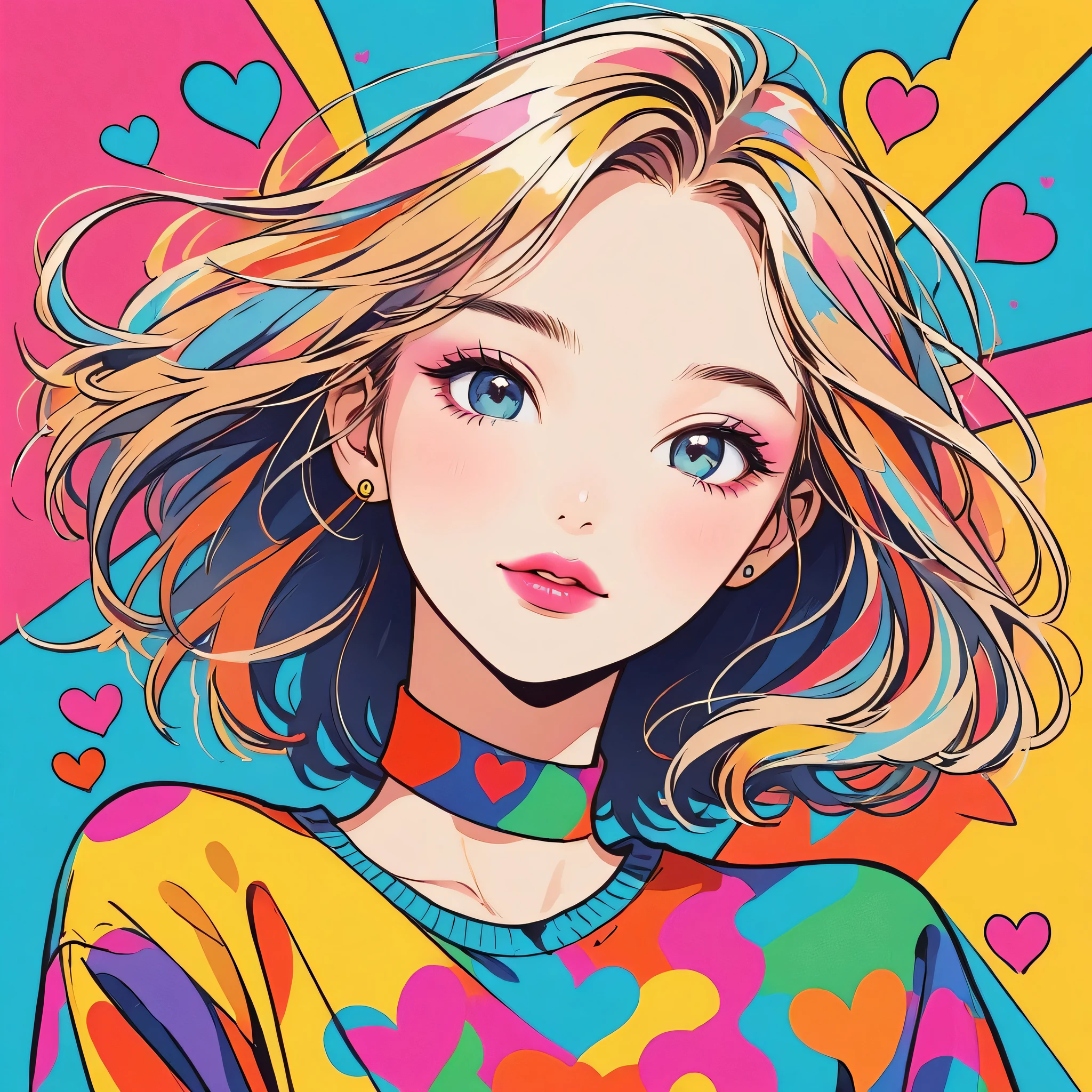 Keith Haring colorful style, Simple Line Initialism,Abstract art,Urban Background, (((The most beautiful girl of all time))), Sweet face. Lips in love, colorful hearts, stylish design