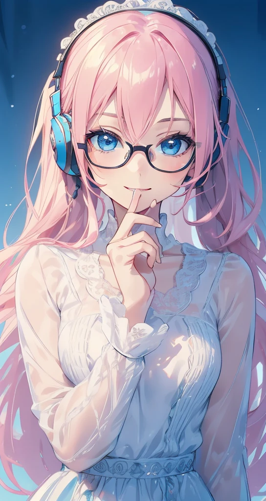((highest quality)), ((masterpiece)), (Get used to it), Perfect Face, masterpiece、highest quality、High resolution、High quality picture、8k, 1 woman、Fair skin,black clothes close up, close up white lips neckline top、Delicate eye expression、Pink hair mixed with yellow、Long-haired girl, wearing bright white bear ear headset,wearing thin glasses,
Perfect Line Drawing, Beautiful line art, Beautiful Ocean Blue Eyes, Beautiful face with attention to detail, (Sweet Smile), charm, Innocent, Side view, (Face with perfect details), (Beautiful Hands) Photorealistic Drawing,