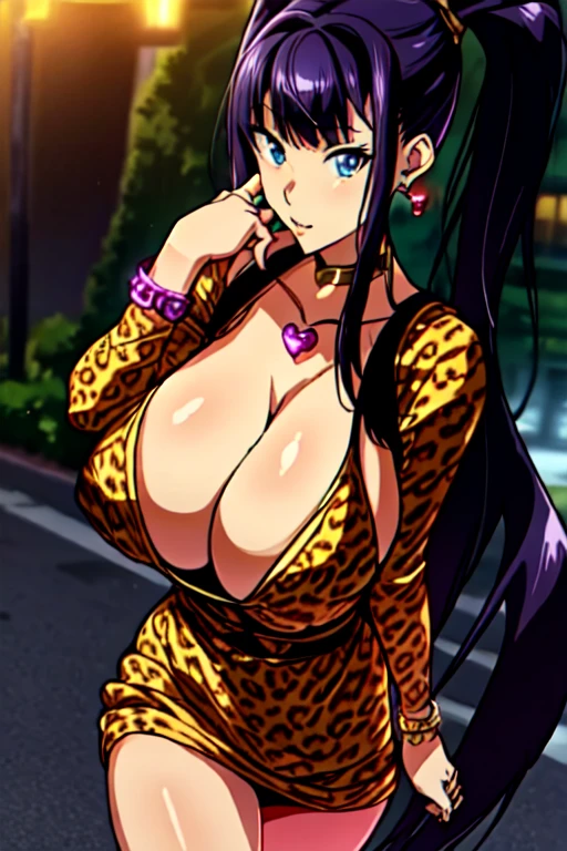 perfect eyes:1.2, detailed eyes:1.4, skindentation,leopard printed thin long sleeve one piece with v neck cleavage ,Skirt type one piece,Blue eyes, Purple hair, ((full blunt bangs)), (twin tail),Bare neck, 20yo, Young female, Beautiful Finger, Beautiful long legs, Beautiful body, Beautiful Nose, Beautiful character design, perfect balance, 1girl, solo, (masterpiece:1.6, best quality), 8k, insane details, intricate details, hyperdetailed, hyper quality, high detail, ultra detailed, professional, HDR, ray tracing reflection, cinematic lighting,Cleavage,Busty,Big breast,ear piercing,multistrand Love shaped necklace,Half eyes open,Eyeshadow,Thick lips,Bracelet,Long nail,Ring,black color Chocker,Gyaru,flashy heart shaped earring,outside,((carrying chain Leopard print purse bag)),1hand on hips,Face fully viewed,view from afar,Monocolor outfit,Needy Girlfriend,Walking in red distric street at night,View from distance