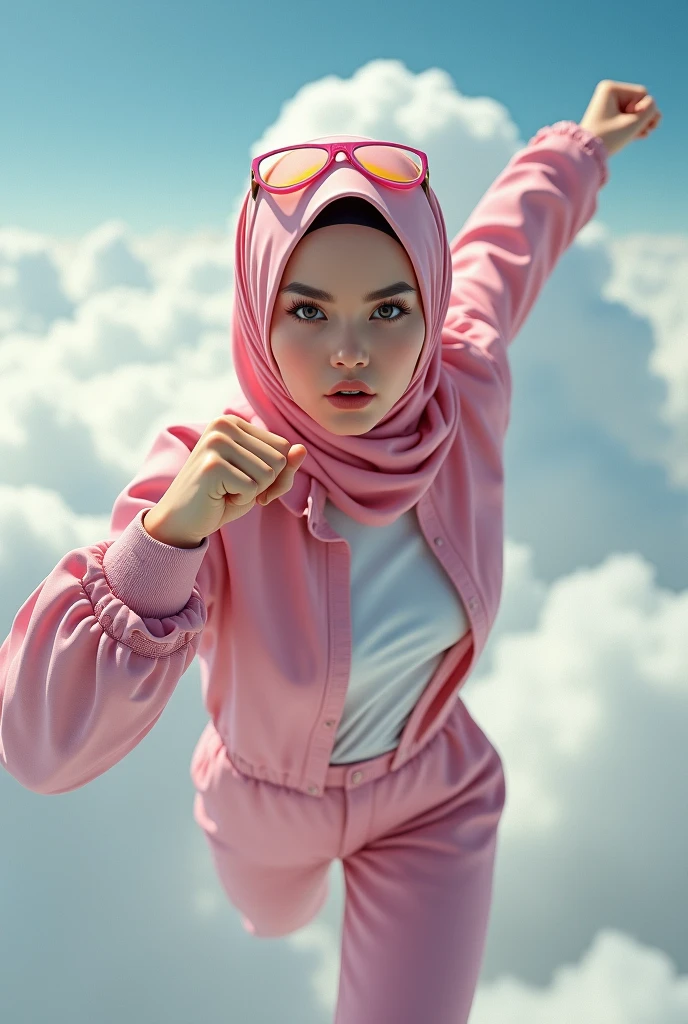 Malaysia japan women a realistic masterpiece. Human .wear pink watch.. 1girl wearing a hijab. detailed beautiful face,small nose. Big lips.Hijab Muslim. Wear long sleeve moder design mixed sew pink white loose size. Small detail ,cargo suit , jacket pink. Pink cargo pant.. . anger face, minimalist flower on shirt. . anger face. Open mouth. Wear pink white. Wear small Safety Pink yellow glasses google spectacle top on head. . Age 20 year old. Flying position. Fast fly. Panning effect Photography . Flying have a super strong power.. punch. . Fight pose. Bokeh background. fist front.. At high sky, lot of cloud , detailed lips, long eyelashes. Hero, modest expression, delicate facial features, natural skin tones, , detailed folds and textures of hijab, natural lighting, high quality, photorealistic, 8k, best quality. Malaysia girl. . ). . . Braces teeth. Boleh background. Panning effect. Fast flying