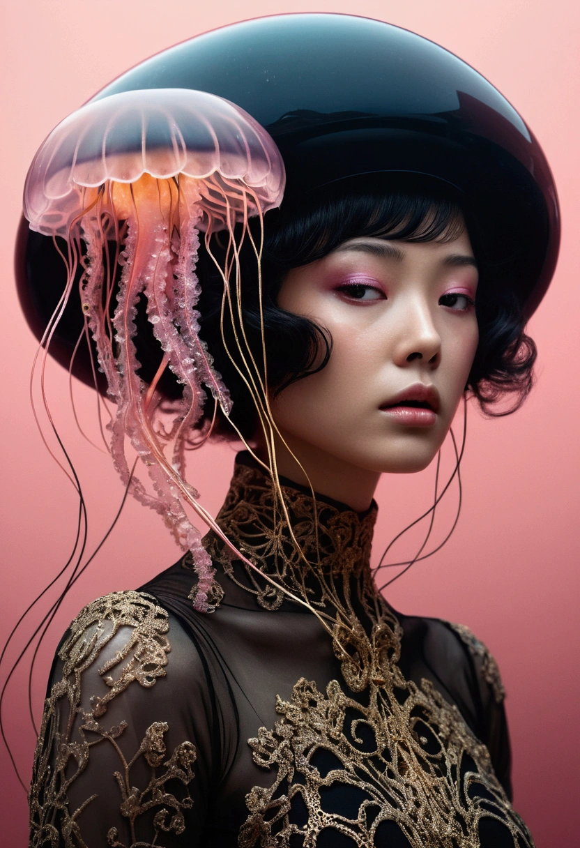 photo RAW, (Black and pink : Portrait of a ghostly jellyfish, shiny aura, highly detailed, gold filigree, intricate motifs, organic tracery, by Android jones, Januz Miralles, Hikari Shimoda, glowing stardust by W. Zelmer, perfect composition, smooth, sharp focus, sparkling particles, lively coral reef background Realistic, realism, hd, 35mm photograph, 8k), masterpiece, award winning photography, natural light, perfect composition, high detail, hyper realistic