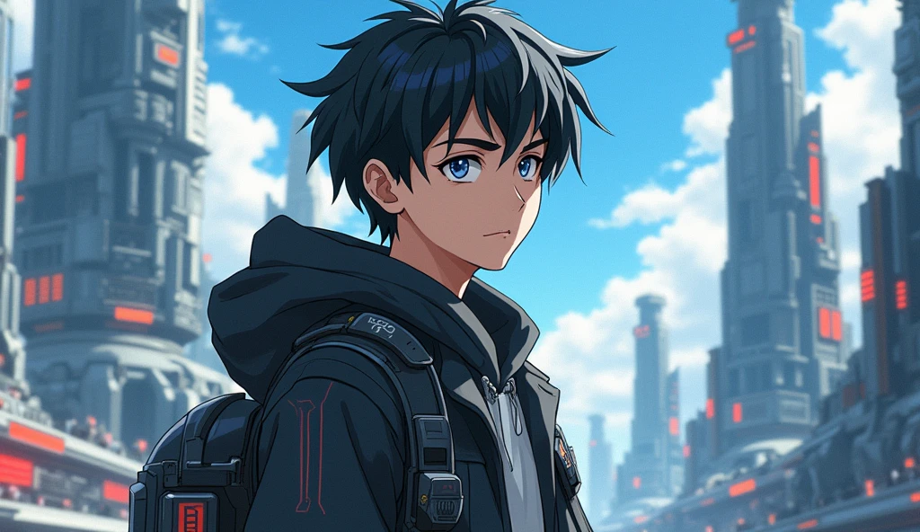 anime,  boy , dark hair, futuristic world, cranial implant