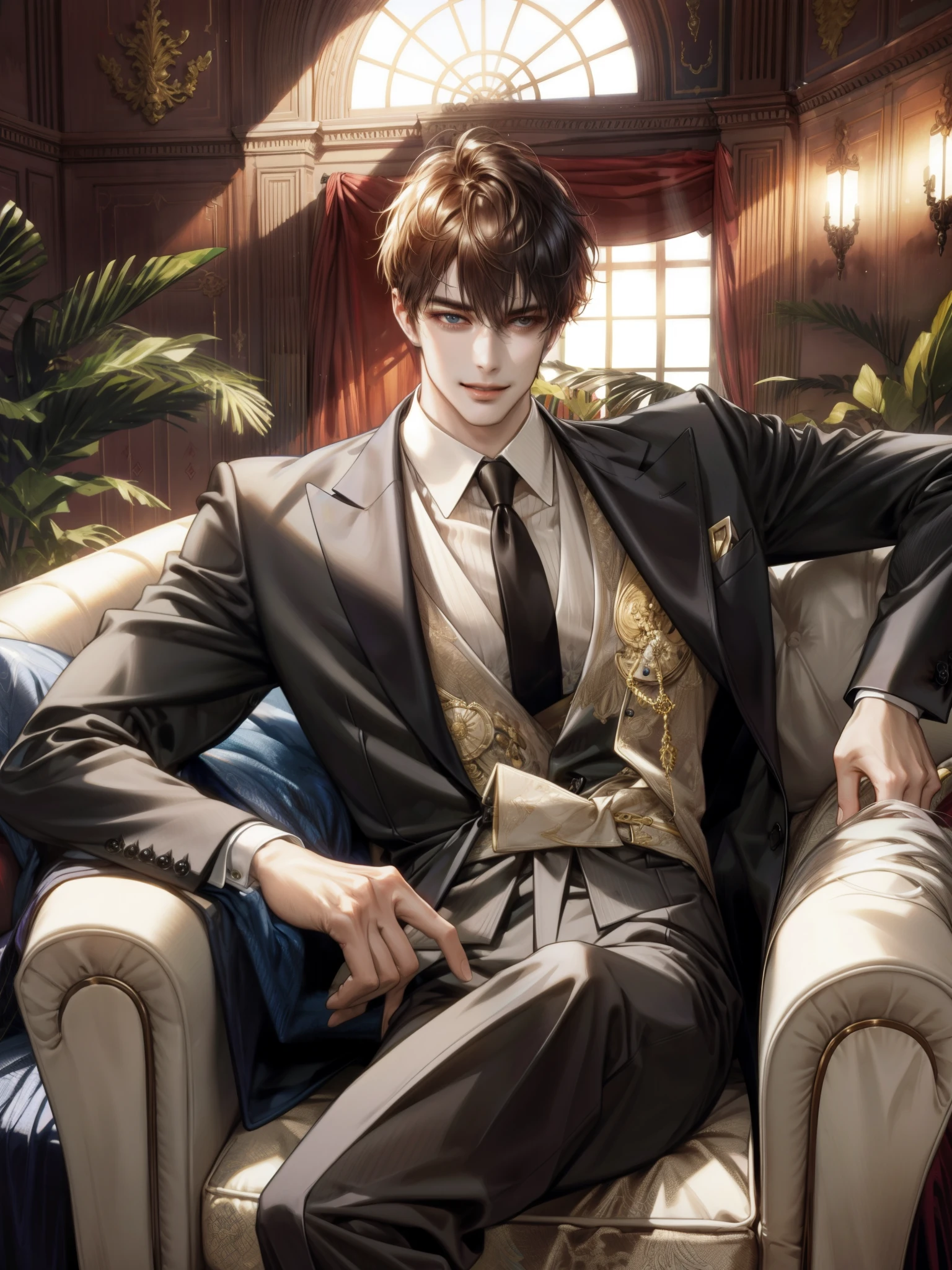 bust,A man sitting on the sofa,Facing the camera,Smile,short hair,Suit,Behind are floor-to-ceiling windows,Arrogant temperament,modern,Beautiful digital illustrations, 8k high quality detailed art, handsome stunning realistic