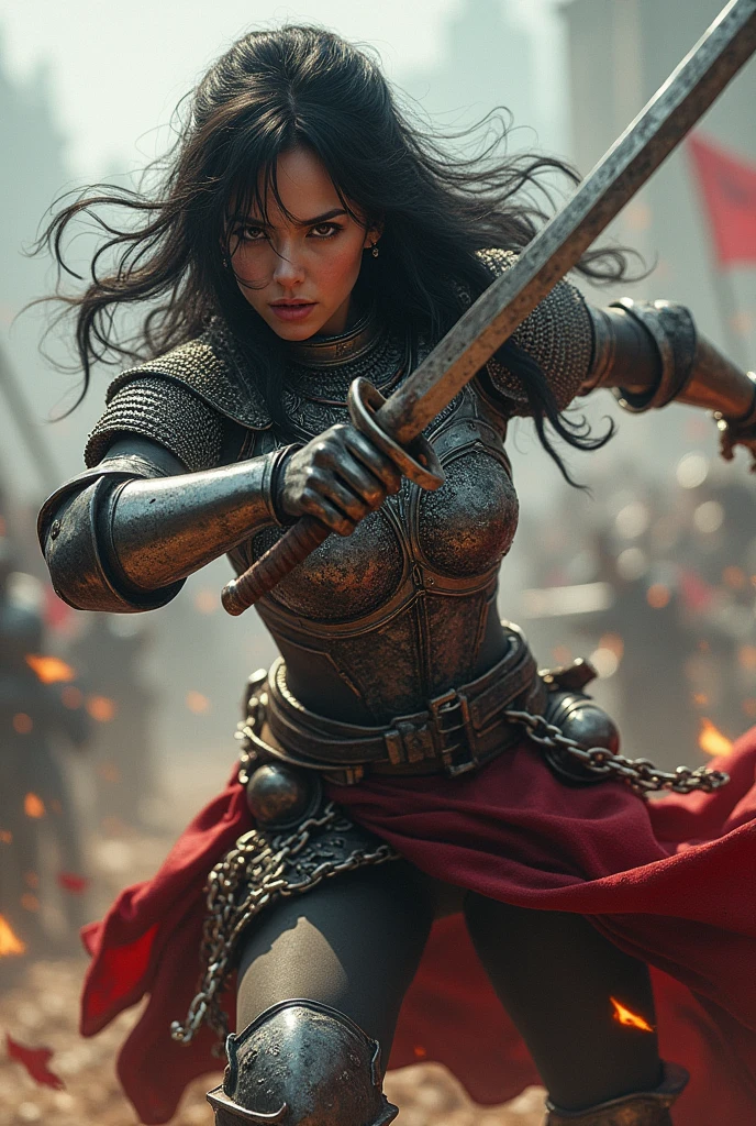 Dense Chainmail、Beautiful black-haired female warrior、Slender figure、Fair skin、Battle Scene、Intense action、Acrobatic perspective、