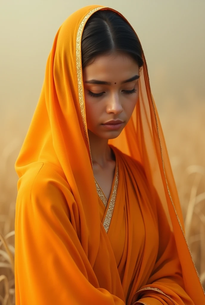A girl in safron saree pallu on head