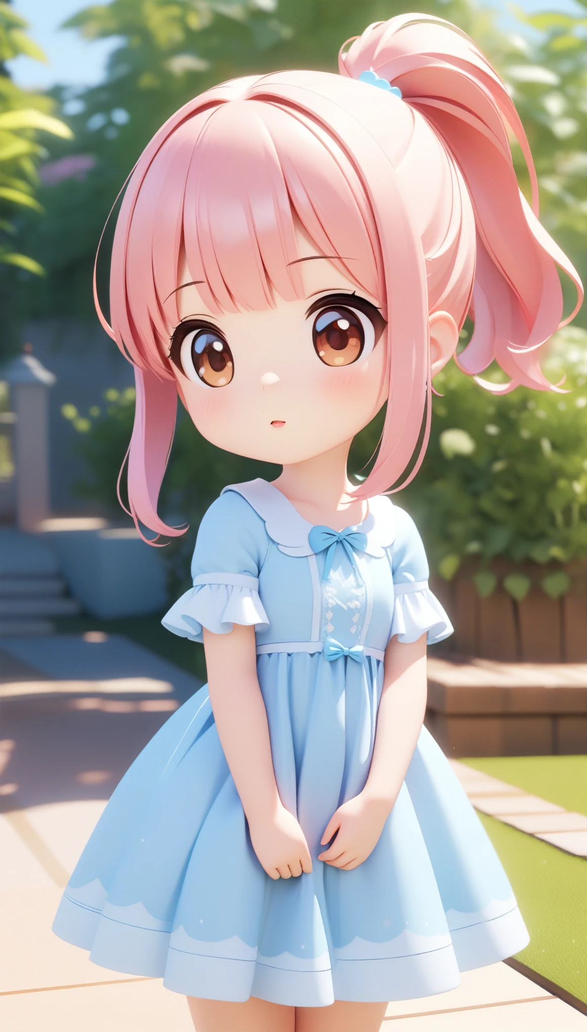 A picture of a girl with a ponytail and a dress, cute 3d rendering, cute detailed digital art, mini cute girl, cute digital painting, 3D rendering style, cute digital art, cute rendering 3d anime girl, Small curve, cute! C4D, One character's whole body, Standing on a white pedestal,