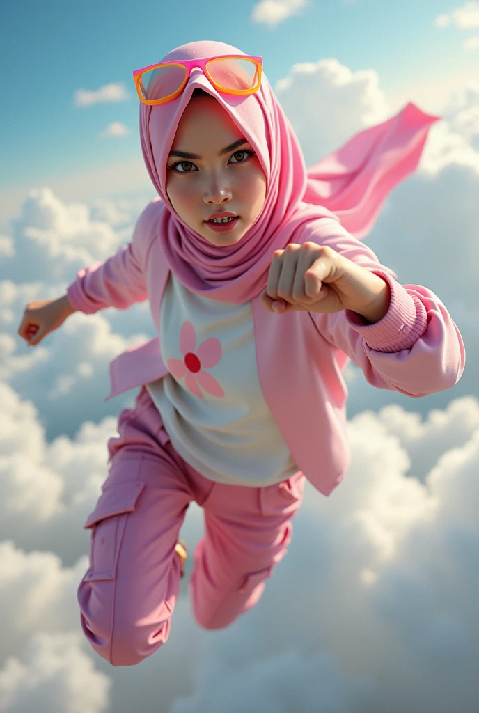 Malaysia japan thailand women a realistic masterpiece. Human .wear pink watch.. 1girl wearing a hijab. detailed beautiful face,small nose. Big lips.Hijab Muslim. Wear long sleeve modern design mixed sew pink white loose size. Small detail ,cargo suit , jacket pink. Pink cargo pant.. . anger face, minimalist flower on shirt. . anger face. Open mouth. Wear pink white. Wear small Safety Pink yellow glasses google spectacle top on head. . Age 20 year old. Flying position. Fast fly. Panning effect Photography . Flying have a super strong power.. punch. . Fight pose. Bokeh background. fist front.. At high sky, lot of cloud , detailed lips, long eyelashes. Hero, modest expression, delicate facial features, natural skin tones, , detailed folds and textures of hijab, natural lighting, high quality, photorealistic, 8k, best quality. Malaysia girl. . ). . . Braces teeth. Boleh background. Panning effect. Fast flying