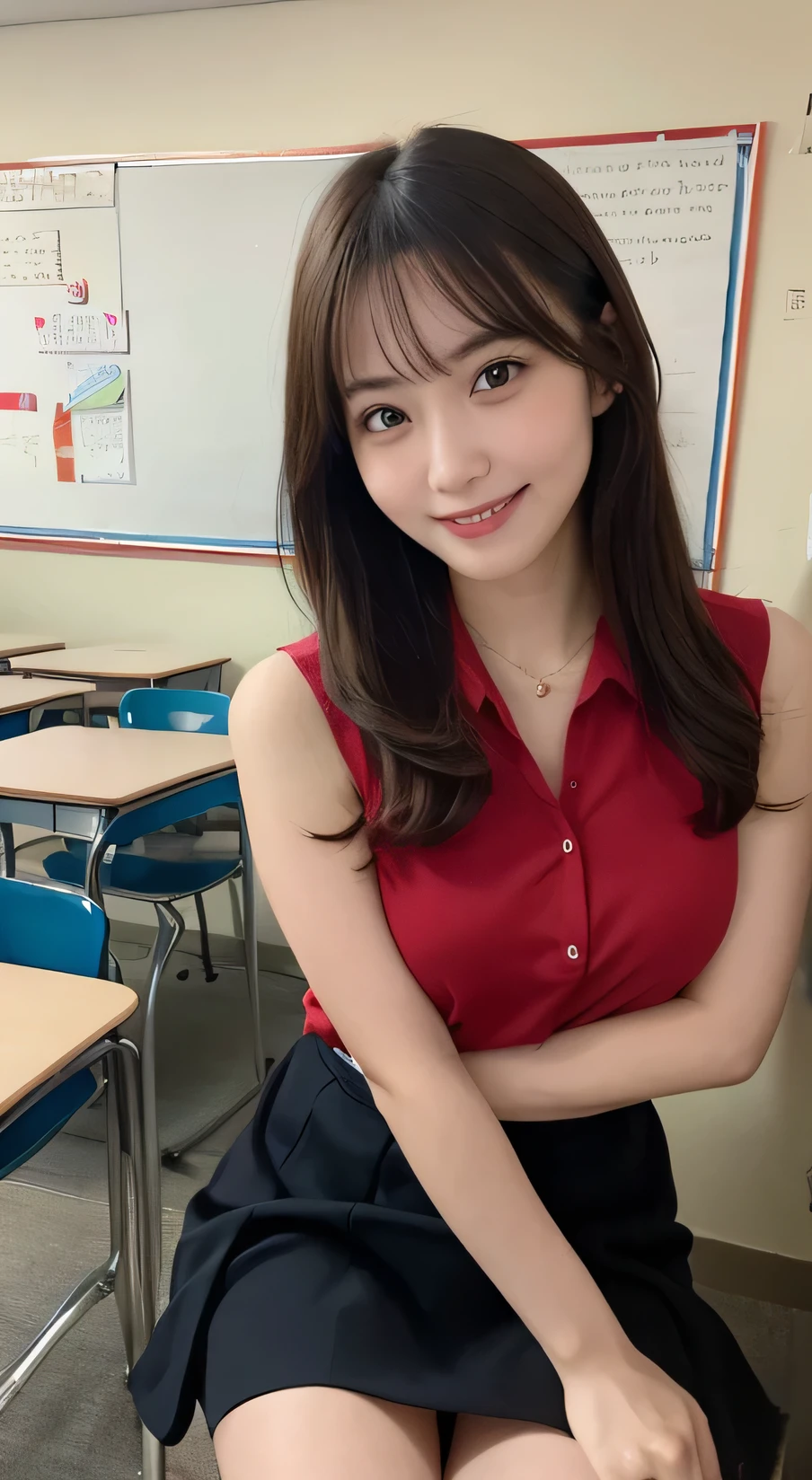 Tabletop, Highest quality, figure, Very detailed, In detail, High resolution, 8k wallpaper, Perfect dynamic composition, Beautiful attention to detail, (midium hair)、Small breasts, Randomly sexy poses,smile、cute、sexy shot looking at camera,Perfect and beautiful face、Sleeveless shirt、Collared shirt、24-years-old、female teacher、mermaid skirt、smile、Simple Necklace、staff room、School、