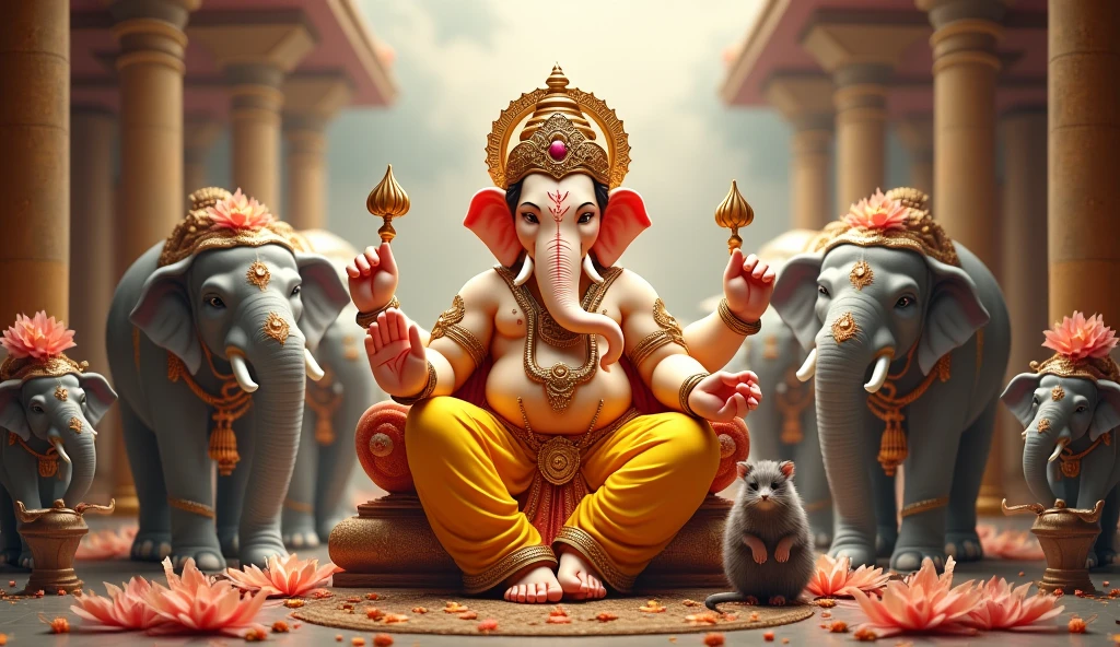 Lord Ganesh, with yellow and white dress,leg near rat, with Pooja elements, Like elephants offering flower blessings from both sides