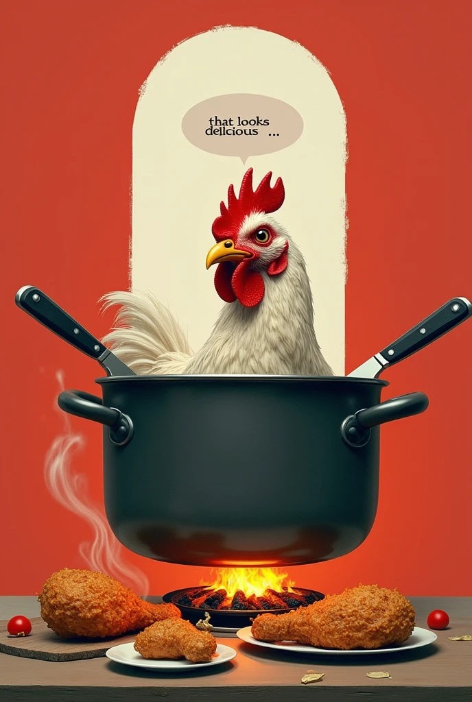 A red and white background, a pot with a fire underneath and a live chicken inside the pot, a crossed two knifes on the top, a fried chicken on aside, the chiken in the pot looking at the fried chicken write "That looks delicious.." as a thought on the top of the chicken head
